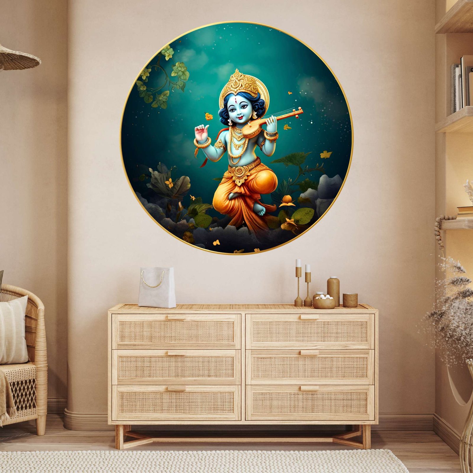Wall Painting for Wall Decoration with Frame Sparkle Glossy Round Golden Framed Large Painting Office, Living Room, Bedroom, Home Decoration
